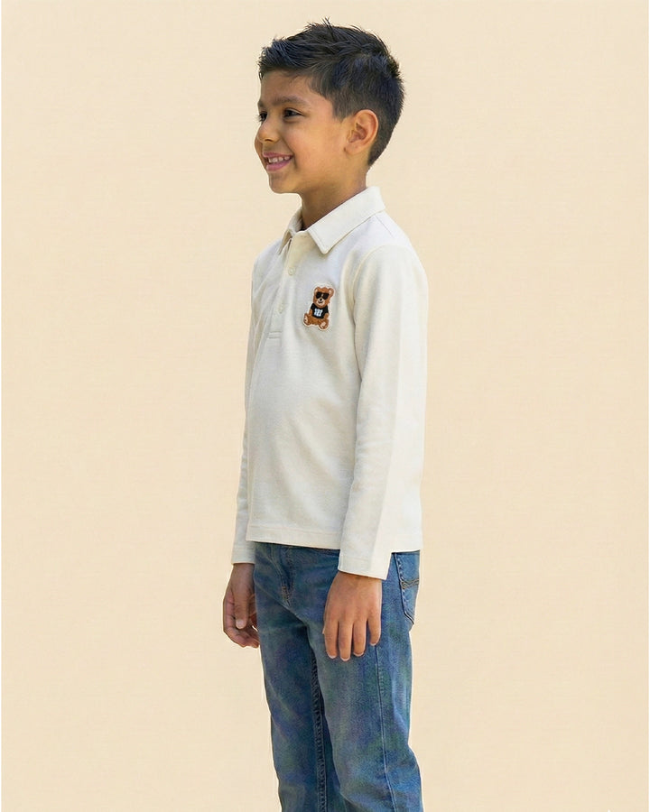 Boys Off White Collar Neck Polo T-Shirt with Patch