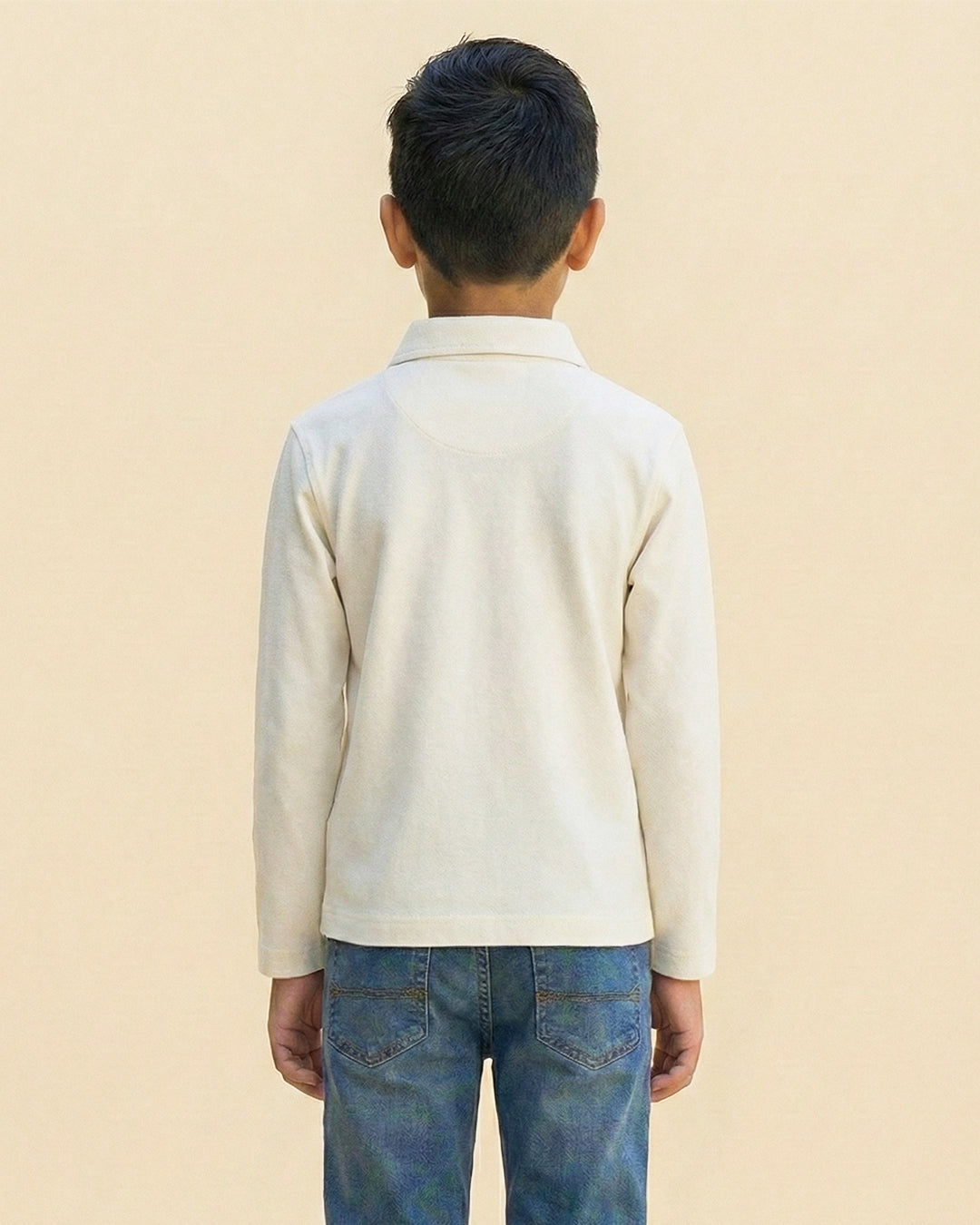 Boys Off White Collar Neck Polo T-Shirt with Patch