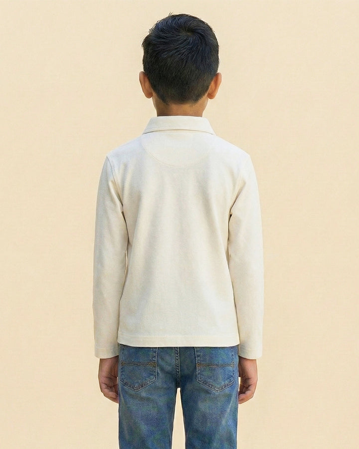 Boys Off White Collar Neck Polo T-Shirt with Patch