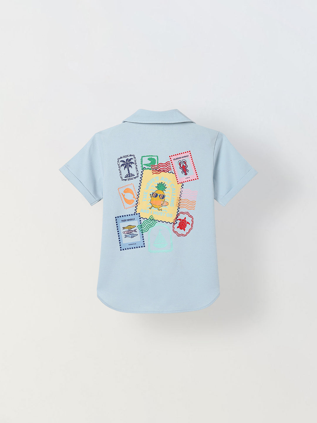 Spunkies Light Blue Boys Graphic Print Cuban Collar Short Sleeves Shirt
