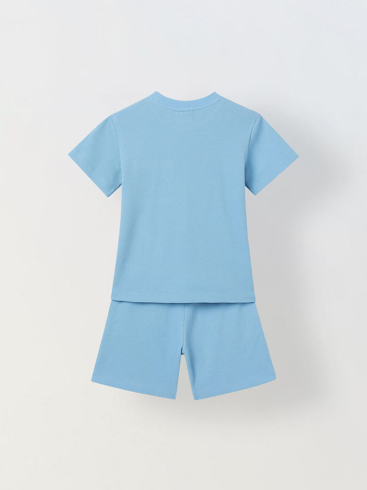 Spunkies Boys Blue Solid Crew Neck Short Sleeves T-Shirt and Shorts Set