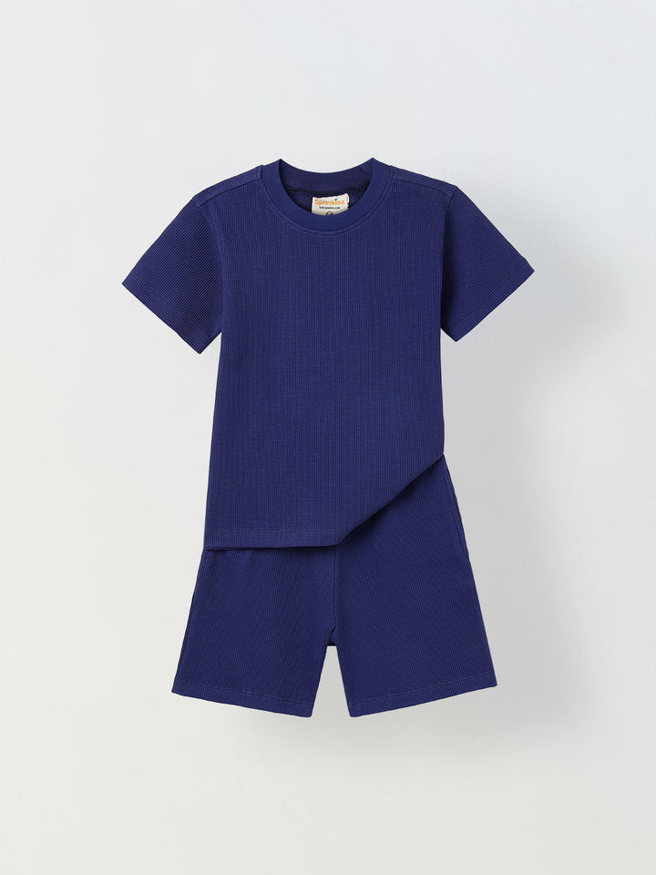 Spunkies Boys Navy Blue Solid Crew Neck Short Sleeves T-Shirt and Shorts Set