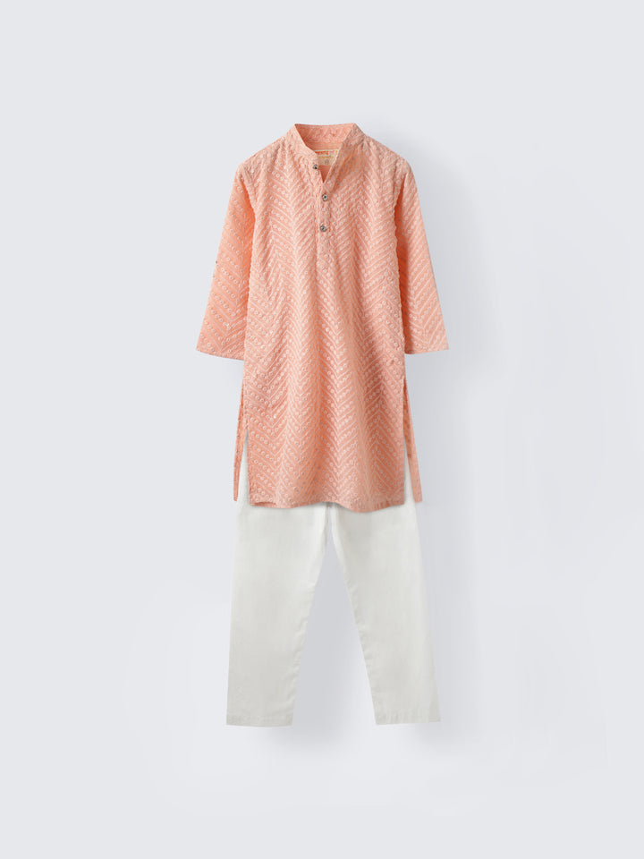 Peach Color Embroidered Georgette Kurta Set For Boys