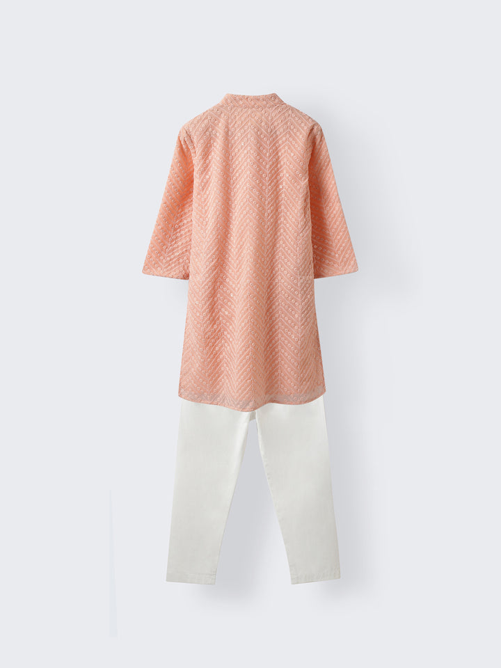Peach Color Embroidered Georgette Kurta Set For Boys