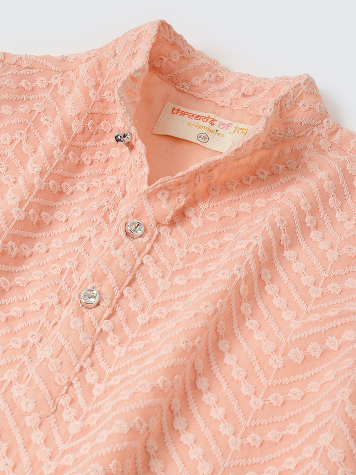 Peach Color Embroidered Georgette Kurta Set For Boys