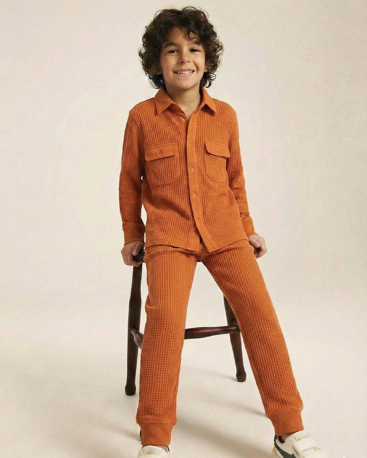Spunkies Cotton Honey Combed Waffle Knit Solid Regular Casual Wear Set Boy Full Sleeve Rust Soft Fabric