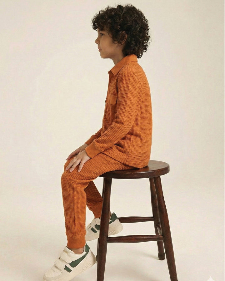 Spunkies Cotton Honey Combed Waffle Knit Solid Regular Casual Wear Set Boy Full Sleeve Rust Soft Fabric