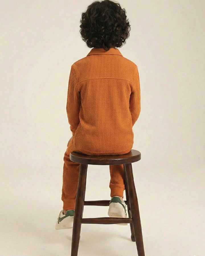 Spunkies Cotton Honey Combed Waffle Knit Solid Regular Casual Wear Set Boy Full Sleeve Rust Soft Fabric