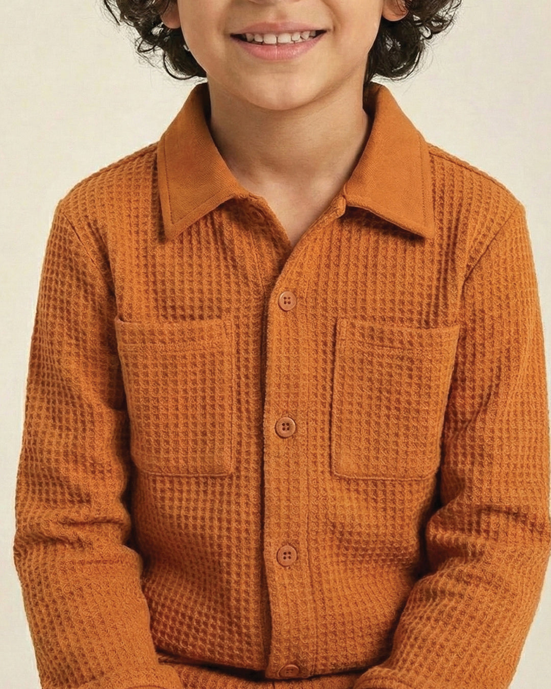 Spunkies Cotton Honey Combed Waffle Knit Solid Regular Casual Wear Set Boy Full Sleeve Rust Soft Fabric