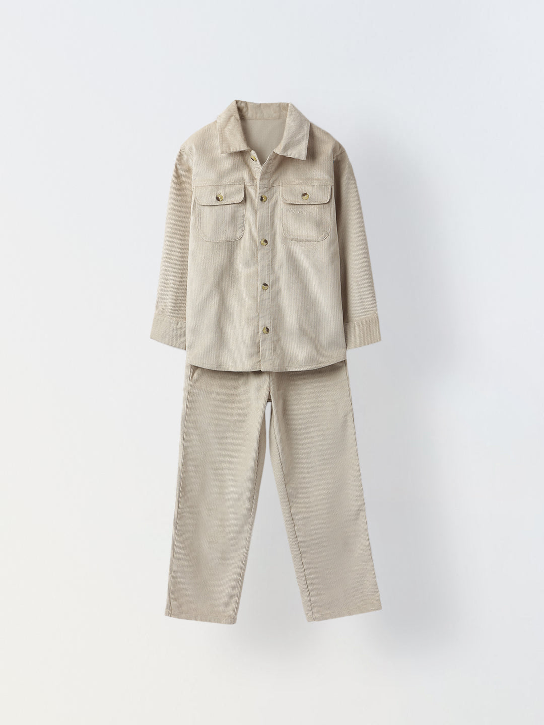 Boys Beige Corduroy Dual Pocket Shirt & Bottom Set