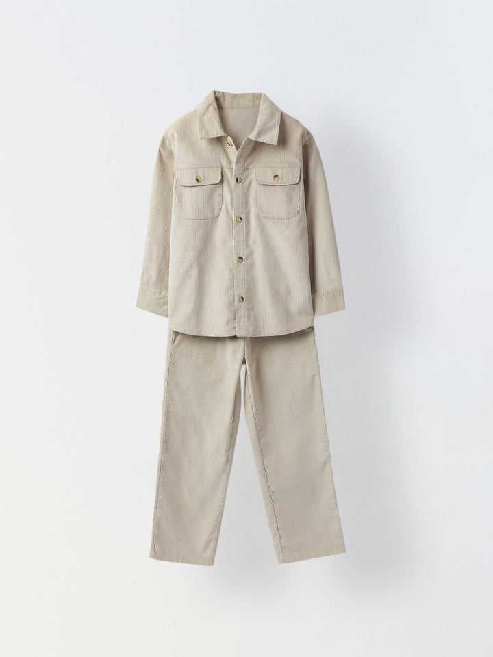 Boys Beige Corduroy Dual Pocket Shirt & Bottom Set