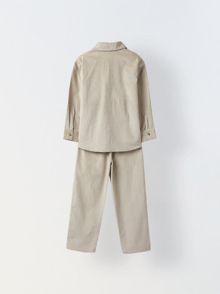 Boys Beige Corduroy Dual Pocket Shirt & Bottom Set