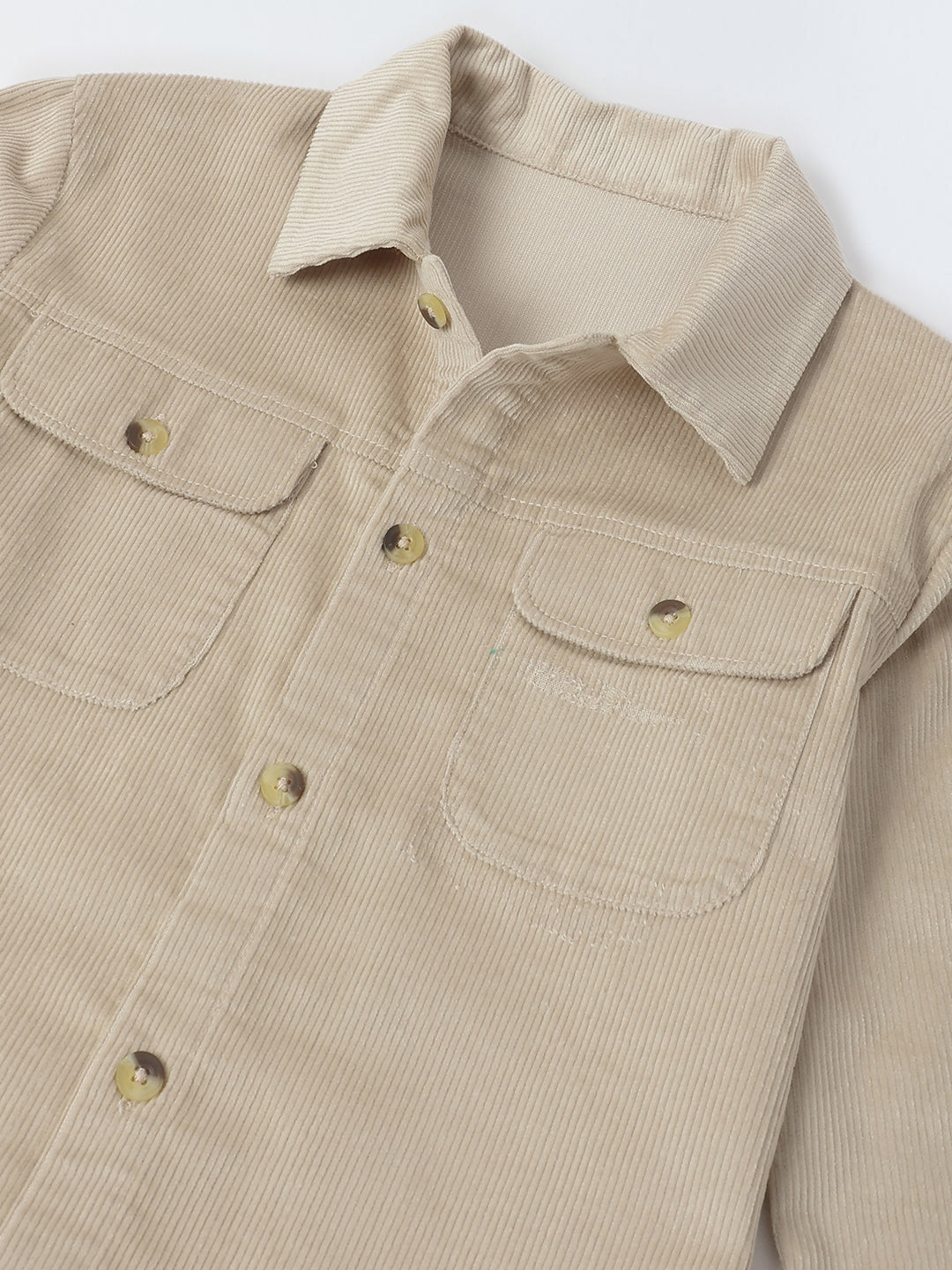 Boys Beige Corduroy Dual Pocket Shirt & Bottom Set