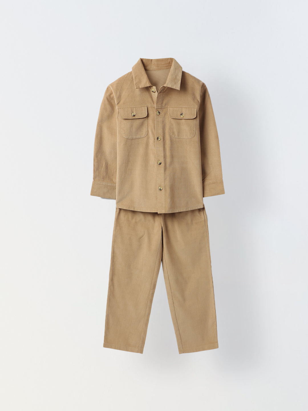 Boys Brown Corduroy Dual Pocket Shirt & Bottom Set