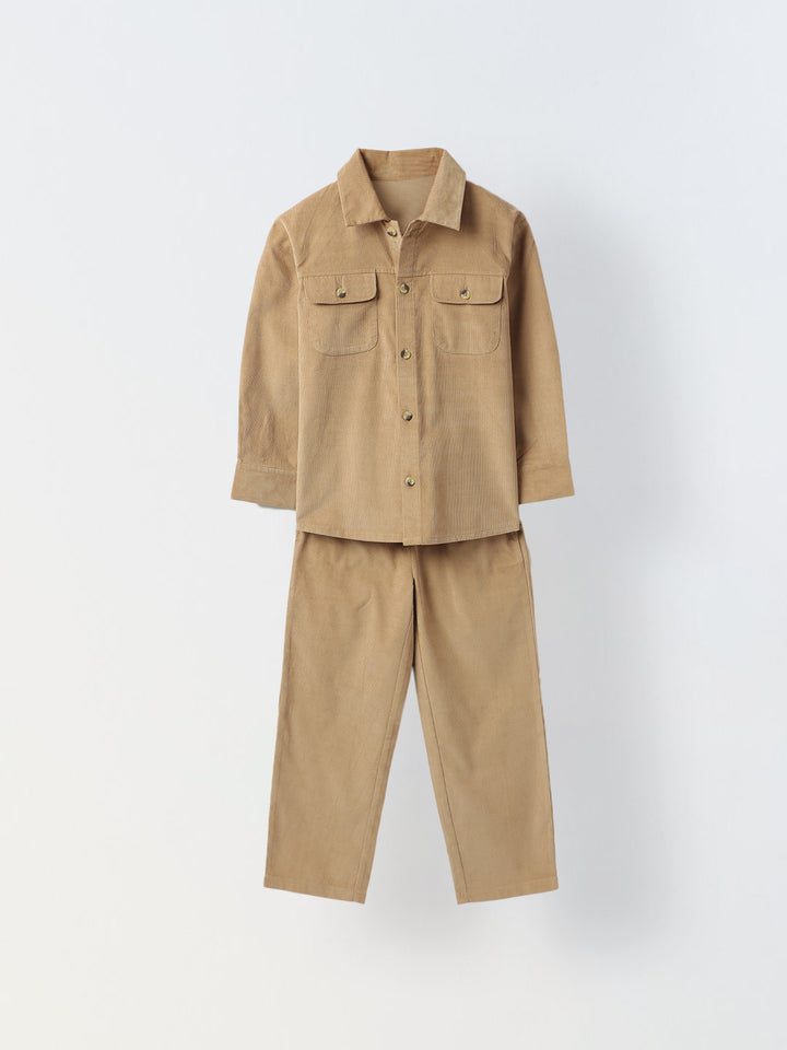 Boys Brown Corduroy Dual Pocket Shirt & Bottom Set