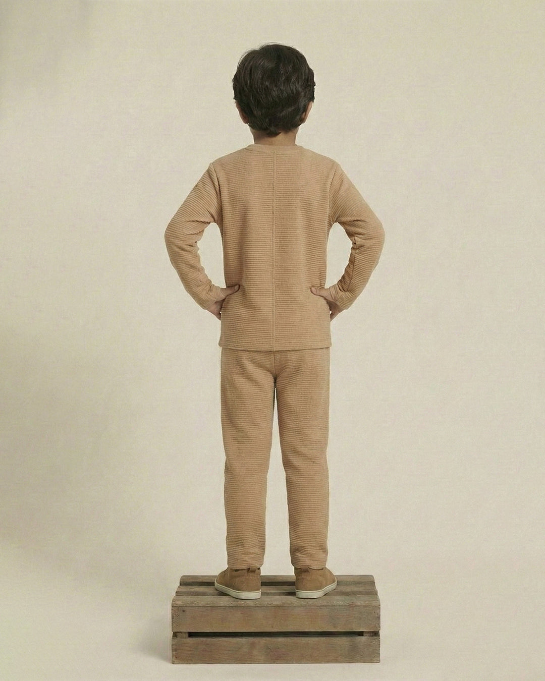 Boy Beige Waffle Knit Otoman Rib Top with Bottom Set