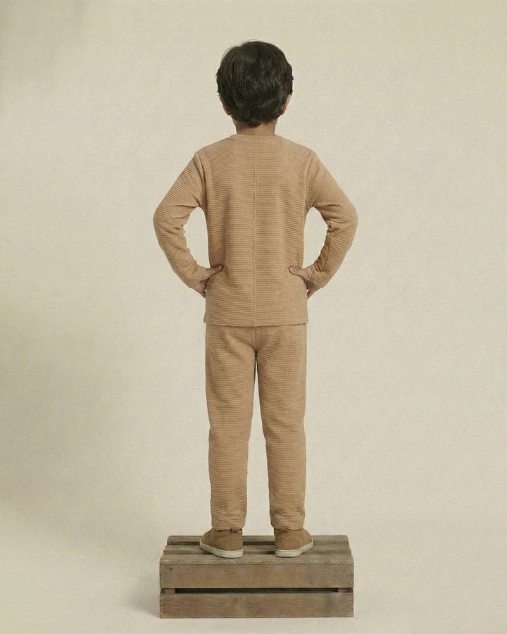 Boy Beige Waffle Knit Otoman Rib Top with Bottom Set