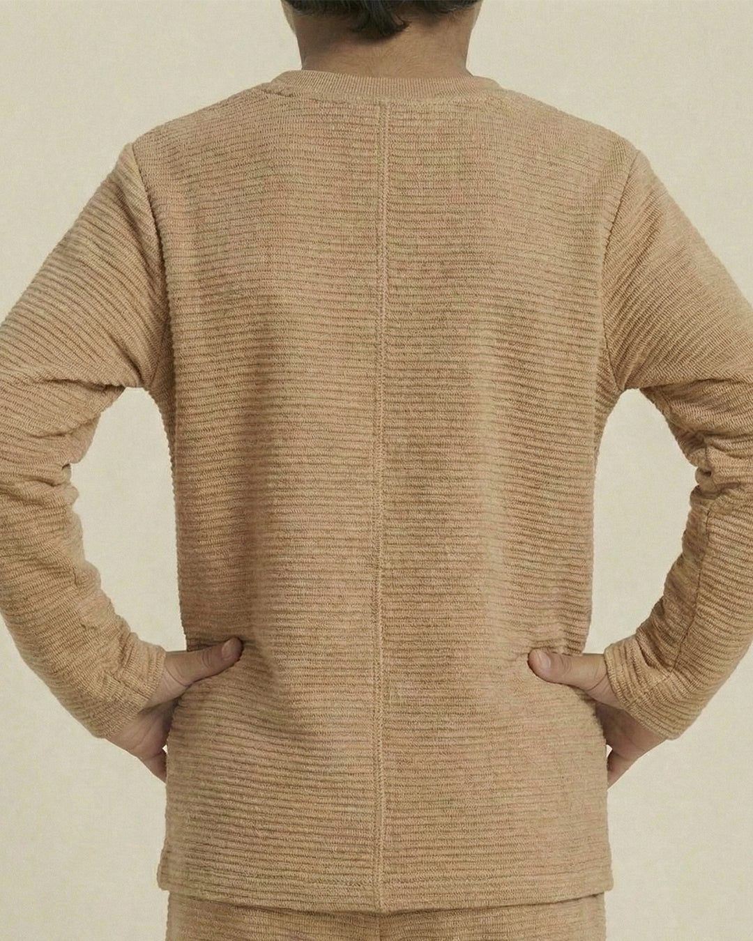 Boy Beige Waffle Knit Otoman Rib Top with Bottom Set