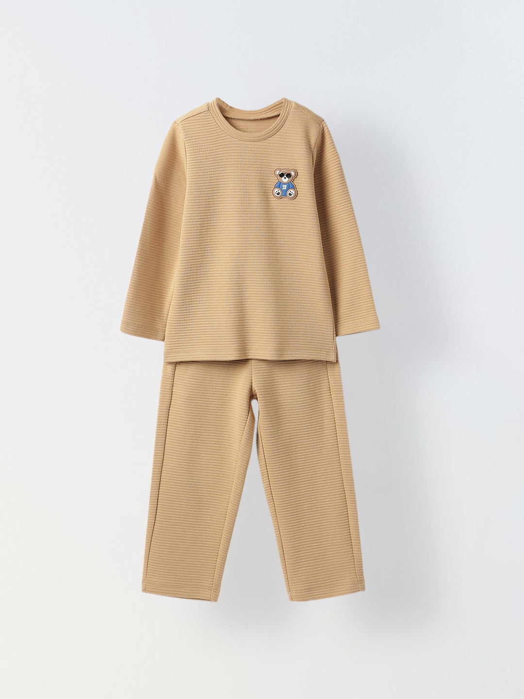 Boy Beige Waffle Knit Otoman Rib Top with Bottom Set