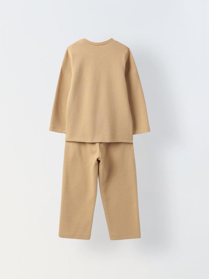 Boy Beige Waffle Knit Otoman Rib Top with Bottom Set