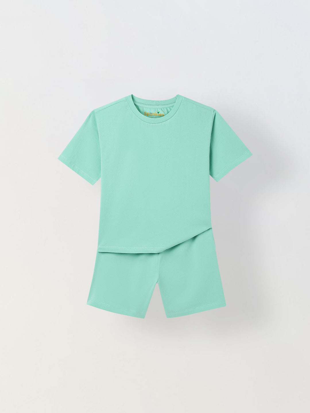 Spunkies Unisex Green Solid Crew Neck Short Sleeves T-Shirt and Shorts Set