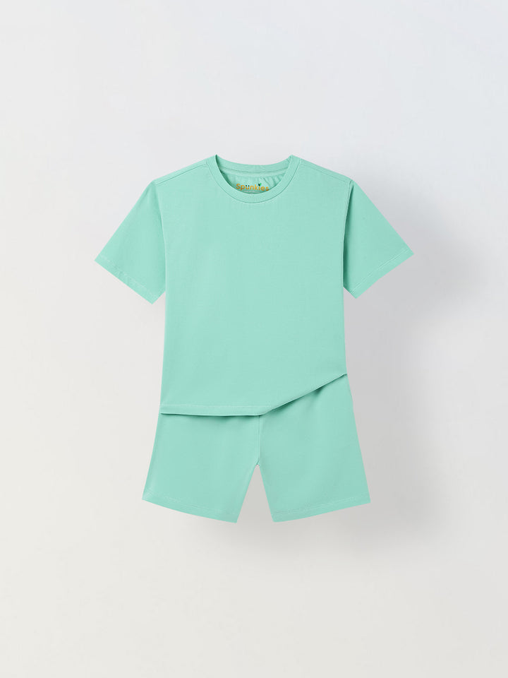Spunkies Unisex Green Solid Crew Neck Short Sleeves T-Shirt and Shorts Set