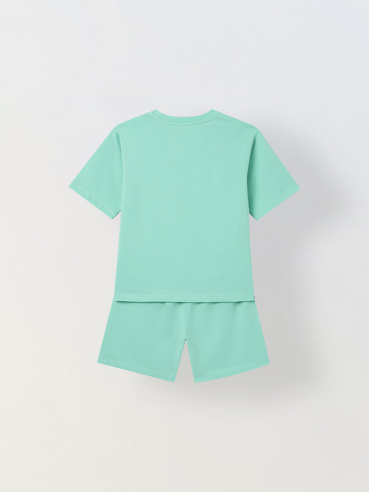 Spunkies Unisex Green Solid Crew Neck Short Sleeves T-Shirt and Shorts Set