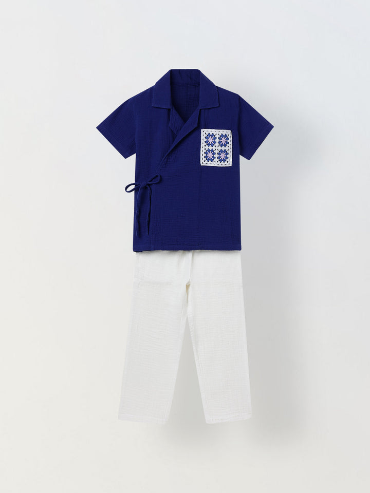 Spunkies Boys Textured Resort Collar Short Sleeves Wrap Shirt and Trousers Set