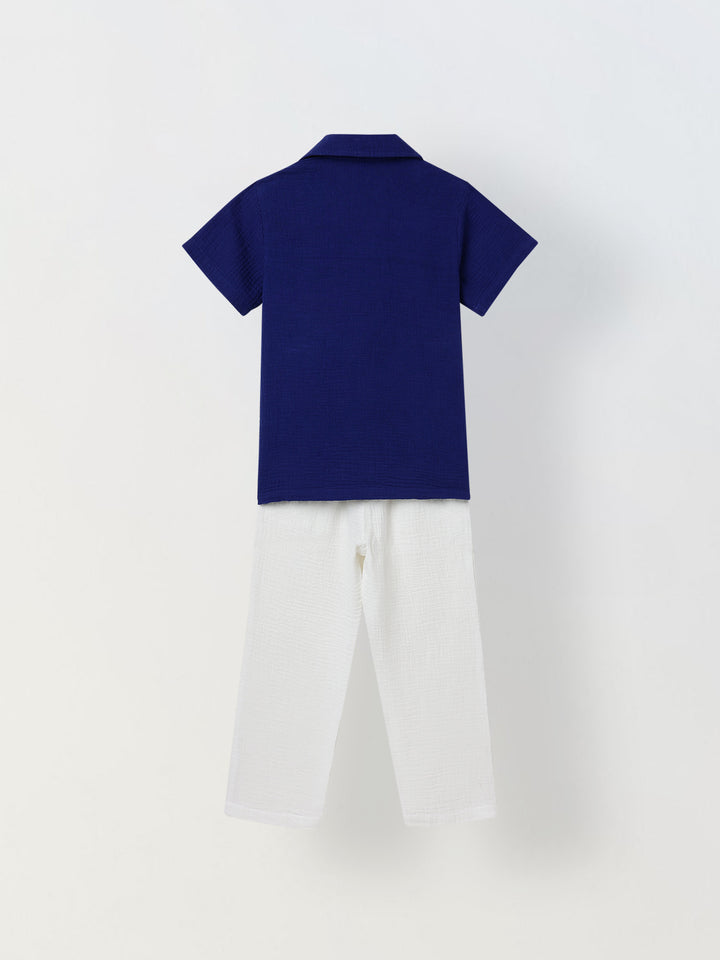 Spunkies Boys Textured Resort Collar Short Sleeves Wrap Shirt and Trousers Set