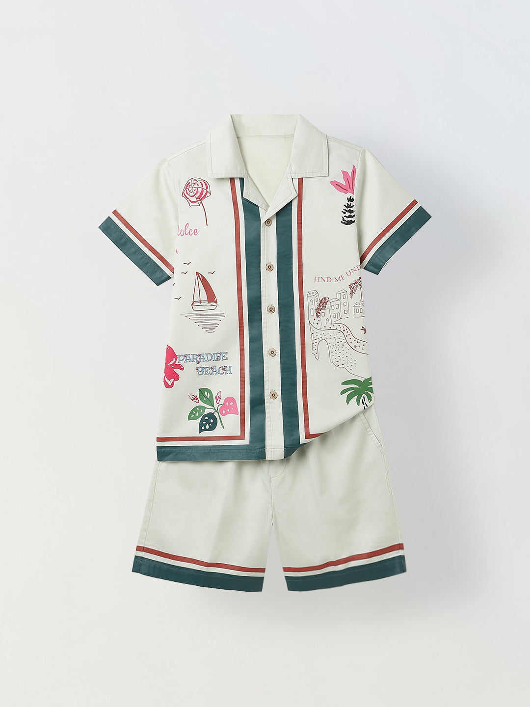 Spunkies Boys Green Graphic Print Resort Collar Short Sleeves Shirt and Shorts Set