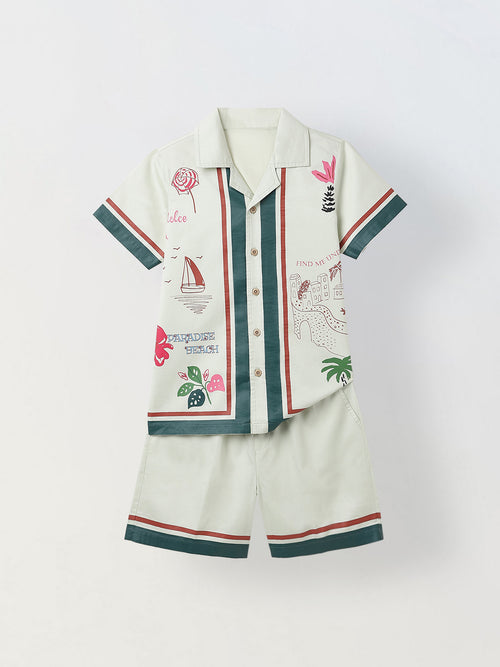 Spunkies Boys Green Graphic Print Resort Collar Short Sleeves Shirt and Shorts Set