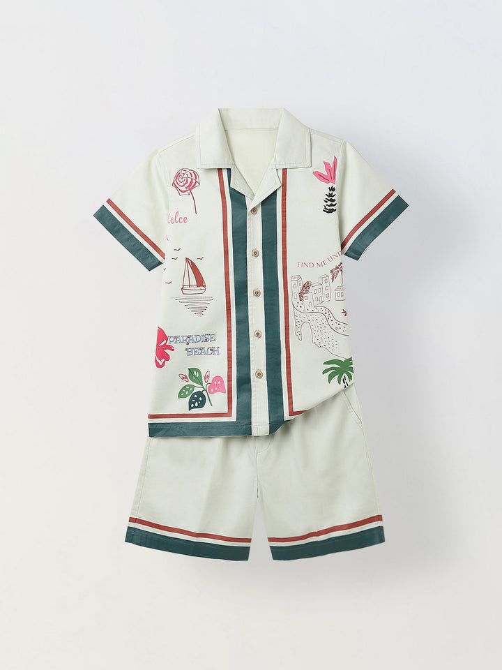 Spunkies Boys Green Graphic Print Resort Collar Short Sleeves Shirt and Shorts Set