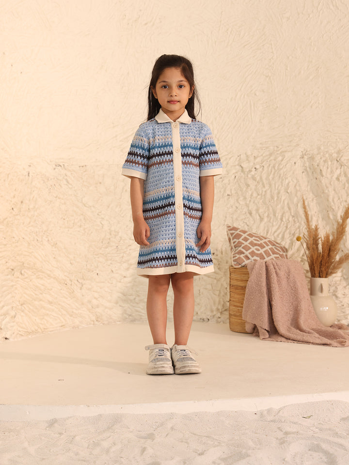 Spunkies Girls Blue Crochet Striped Spread Collar Short Sleeves Shirt Dress