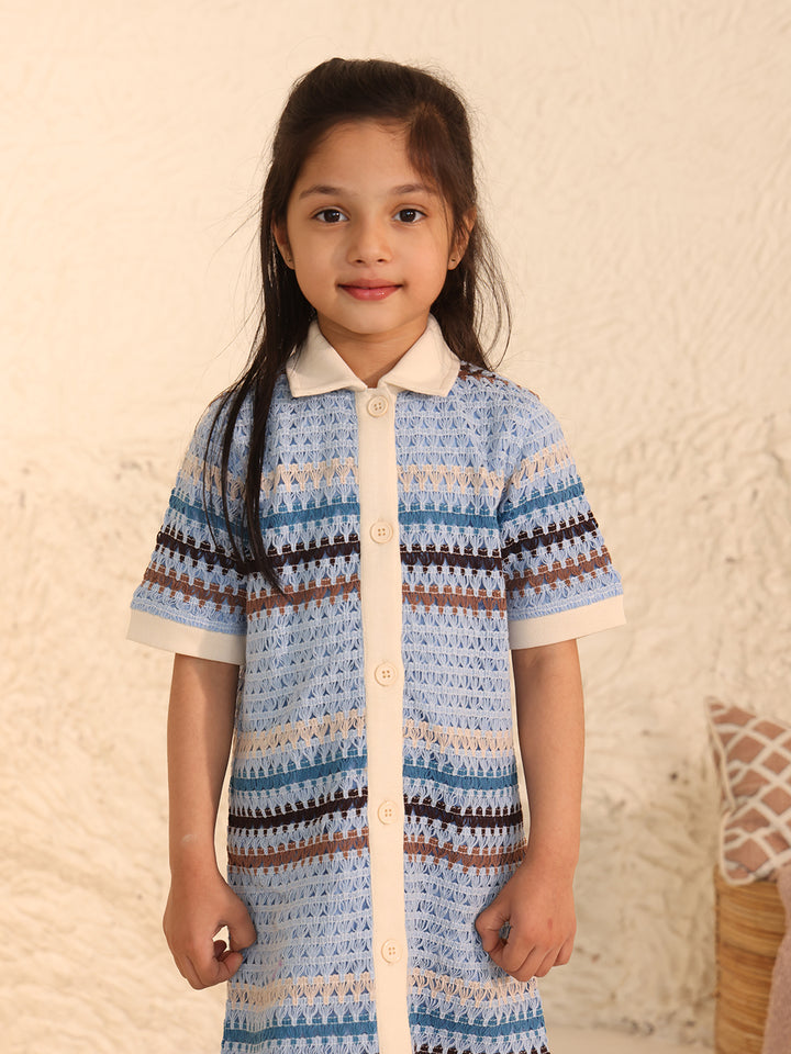 Spunkies Girls Blue Crochet Striped Spread Collar Short Sleeves Shirt Dress