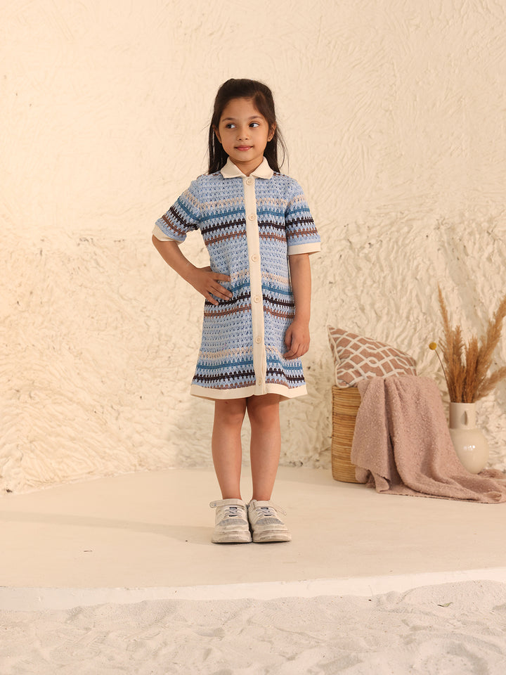 Spunkies Girls Blue Crochet Striped Spread Collar Short Sleeves Shirt Dress
