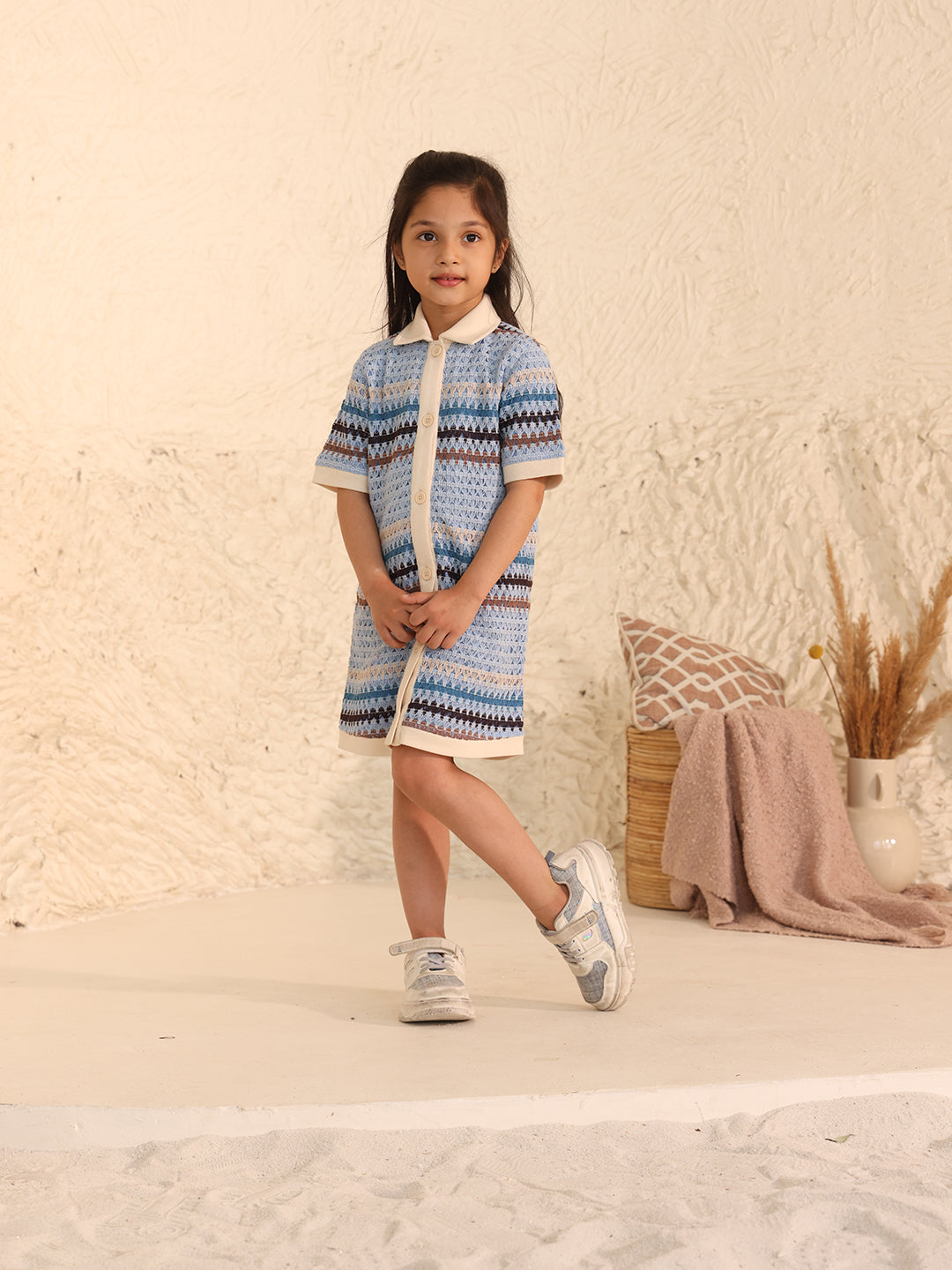 Spunkies Girls Blue Crochet Striped Spread Collar Short Sleeves Shirt Dress