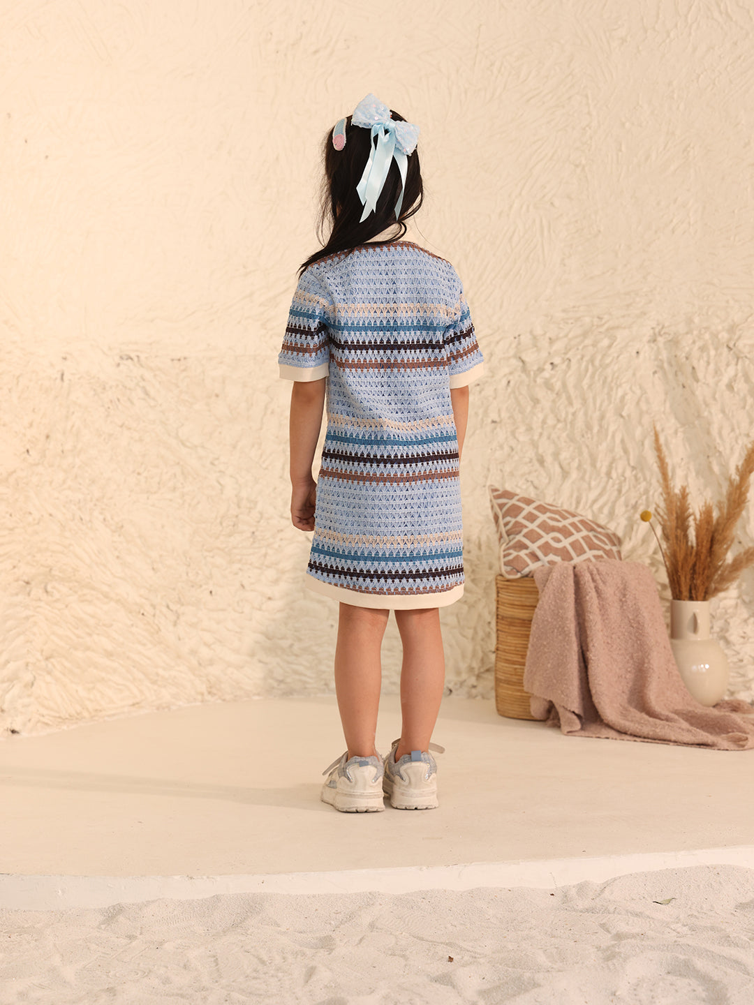 Spunkies Girls Blue Crochet Striped Spread Collar Short Sleeves Shirt Dress
