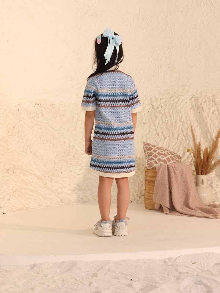 Spunkies Girls Blue Crochet Striped Spread Collar Short Sleeves Shirt Dress