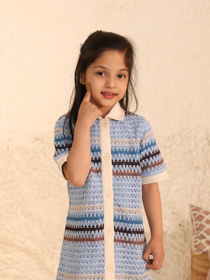 Spunkies Girls Blue Crochet Striped Spread Collar Short Sleeves Shirt Dress