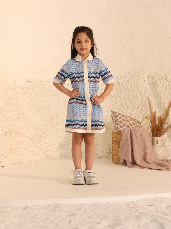 Spunkies Girls Blue Crochet Striped Spread Collar Short Sleeves Shirt Dress