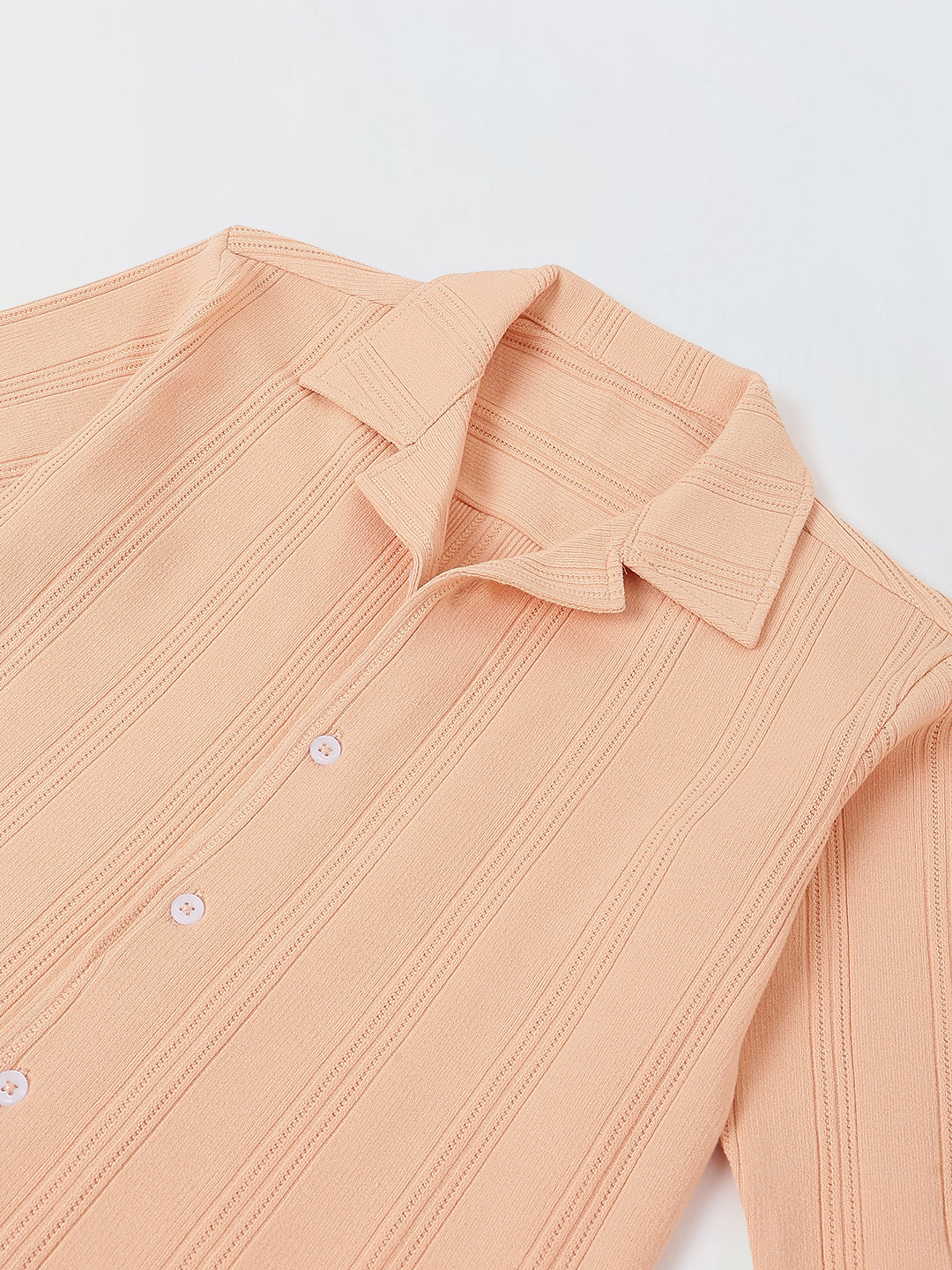 Spunkies Peach Boys Textured Cuban Collar Long Sleeves Shirt
