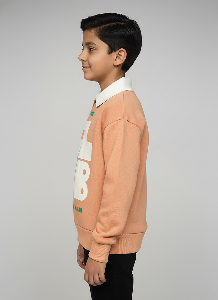 Boys Orange  Collar Neck Printed Sweatshirt