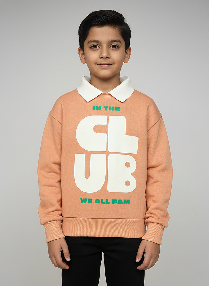 Boys Orange  Collar Neck Printed Sweatshirt