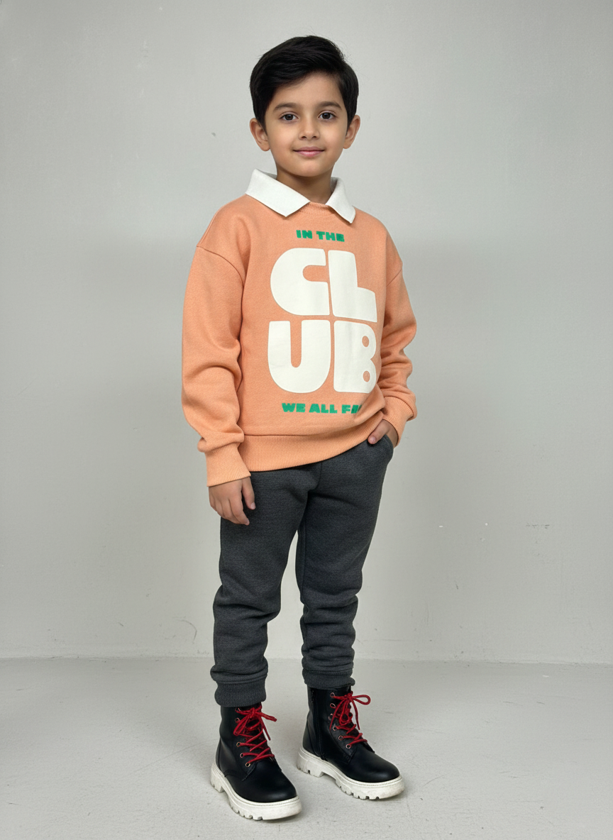 Boys Orange  Collar Neck Printed Sweatshirt
