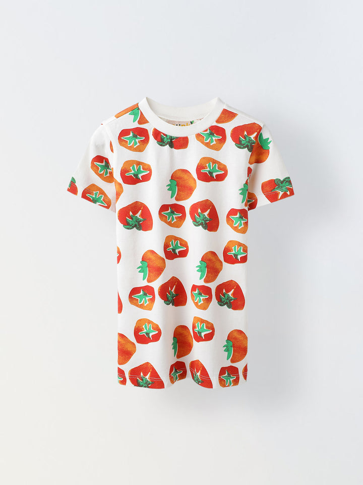 White Overall Strawberry Printed T-Shirt