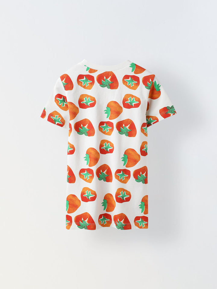 White Overall Strawberry Printed T-Shirt