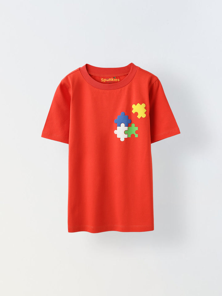 Red Puzzle Printed T-shirt-Boy