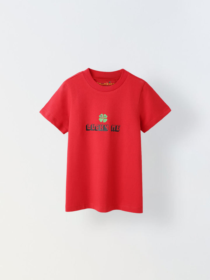Red "Lucky Me" Print Half Sleeve T-shirt