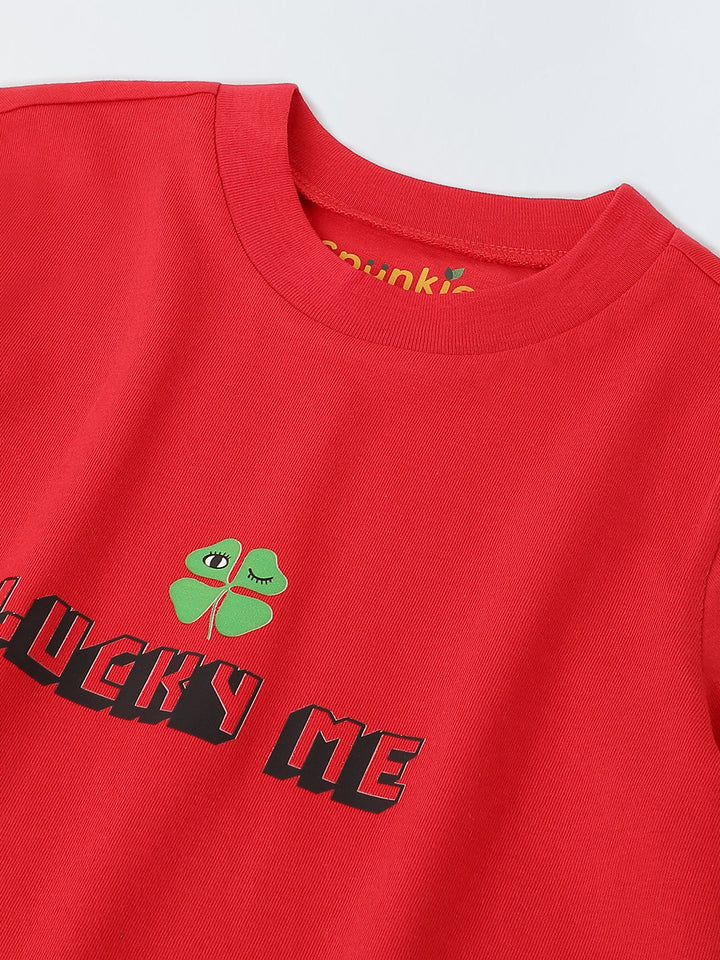 Red "Lucky Me" Print Half Sleeve T-shirt