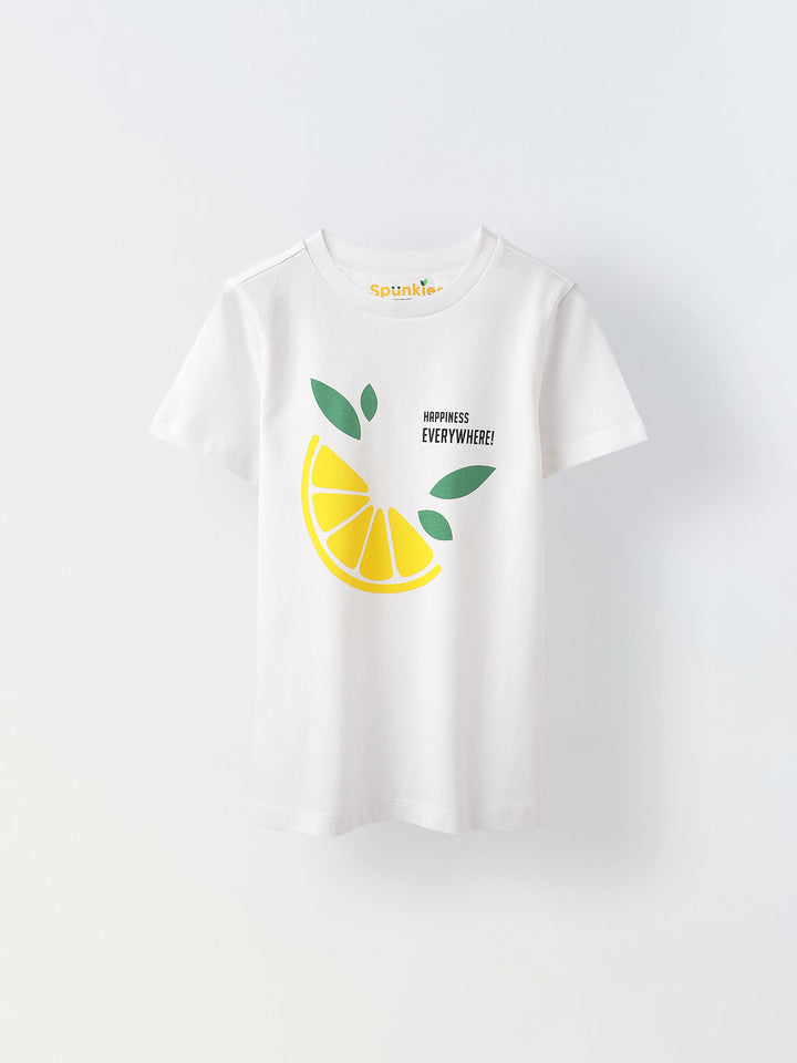 White Lemon Print Half Sleeve T-shirt -Girl